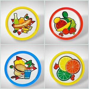 Plate Tray Set of 4 Tin Litho‎ Food Graphics Mid Century 1950s 60s Vintage